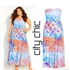 City Chic 26w Strapless Maxi Dress Blue Boho print